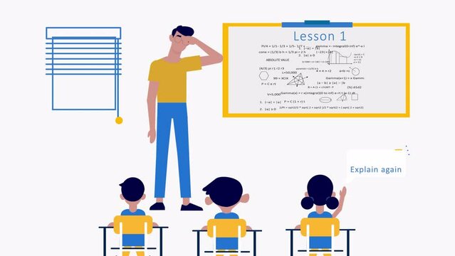 Tired teacher in a classroom with students teaching math and chemistry. 