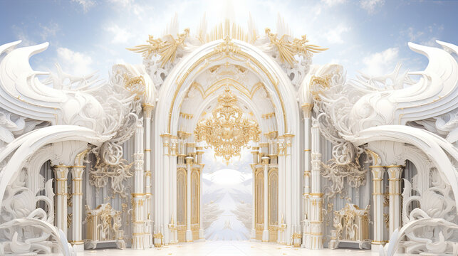 Pearly gates, heaven's gate, divine portal, palace in the clouds, background, white and gold