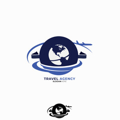 Travel agency logos, dark blue and light blue colors, vector travel logo, plane symbol circling the earth 