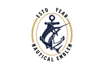 Vintage Jumping Marlin Swordfish with Anchor Chain Rope for Nautical or Fishing T Shirt Emblem