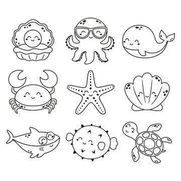 set of outline fishes characters isolated on white