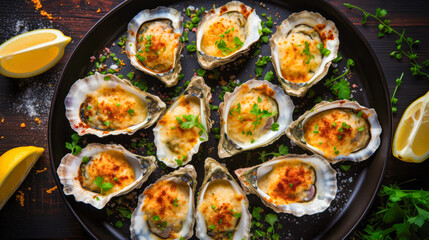 Baked oysters with cheese and parsley in baking dish on wooden background