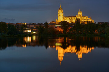 Fototapeta na wymiar Cathedral of Salamanca at night view from the Tormes River, Salamanca City, Spain, Europe.