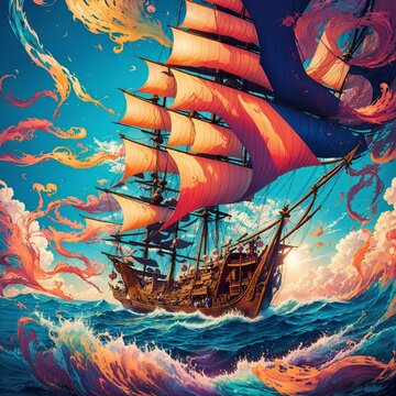 A sailing ship on the water in a vibrant scene with clouds of strange shape and color in the background