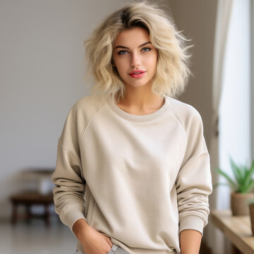 Pretty young blonde woman wearing cream natural colored plain blank sweatshirt, oversized fitting sweatshirt style