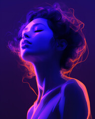 Young woman with futuristic hairstyle, neon colors in Studio, purple backdrop - Generative Ai