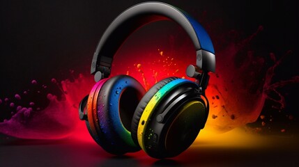 Fototapeta na wymiar Musical headphones on a colorful background. Generative AI.
