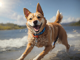 Happy dog playing on the beach - Generative Art