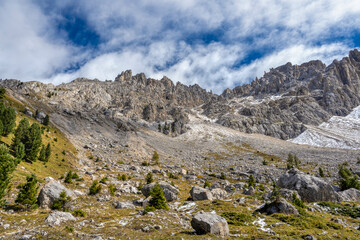 Famous Dolomites Latemar mountain range against blue sky, South Tyrol Italy