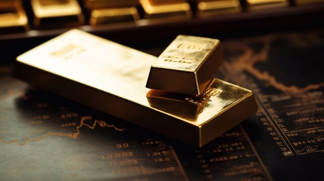 Gold bars on a stock and share chart representing investments. Generative AI.