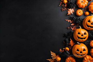 Happy halloween flat lay mockup with pumpkins, leaves and bats on black background. Autumn holiday concept composition. Top view with copy space. Generated ai. - obrazy, fototapety, plakaty