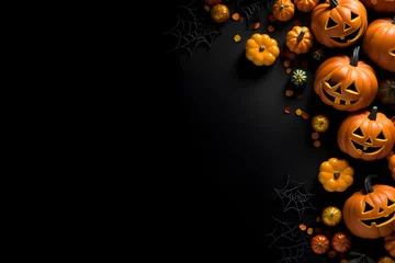 Fototapeten Happy halloween flat lay mockup with pumpkins and spider web on black background. Autumn holiday concept composition. Top view with copy space. Generated ai. © AnaWein