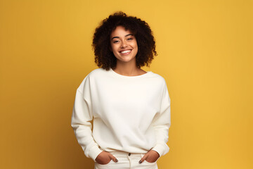 Young woman wearing white sweatshirt mockup, at yellow background. Design pullover template, print presentation mock-up. Generated AI.