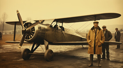 Retro photo of man with a biplane on the background of an airport. Generative AI. - obrazy, fototapety, plakaty