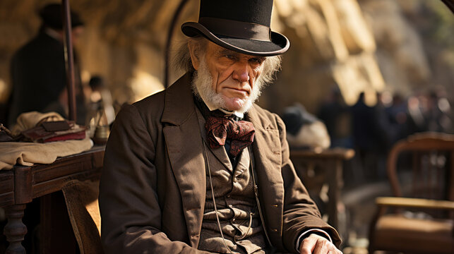 Vintage portrait of an old sir in a hat sitting in a cafe. Generative AI.