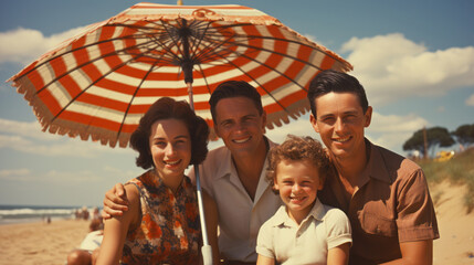 Portrait of happy family on the beach under umbrella, retro style. Generative AI.