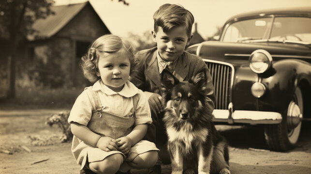 Vintage photo of little boy and girl with dog on the background of an old car. Generative AI.