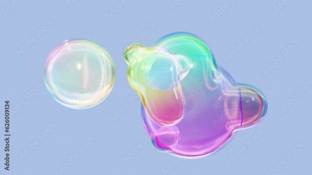 Poster transforming liquid blobs in a metaball animation. 3d abstract colorful metaballs in the background.