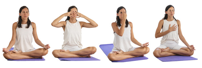 Latin yogi woman doing meditation poses and mudras. Mindfulness and spirituality concept. Isolated...