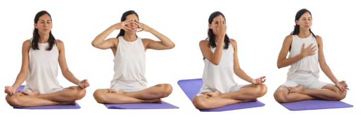 Latin yogi woman doing meditation poses and mudras. Mindfulness and spirituality concept. Isolated transparent background