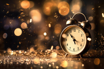 Fototapeta na wymiar Vintage alarm clock on Christmas festive background. New year's eve concept. generative AI