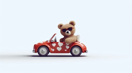 a cute Teddy bear driving a red car with hearts. Generative ai