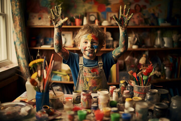 Fototapeta na wymiar A playfull boy is painting beautifully with their hands at a crowded home with painted faces and hands