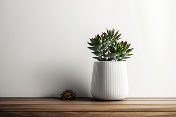 Succulents Vase On Wooden Table In Front Of White Wall - Generative AI