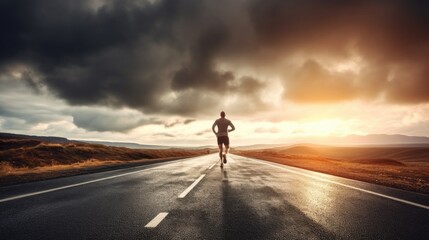 Fototapeta na wymiar Back view of athletic male runner on asphalt road with clouds in sky at sunrise. concept path to success. Generative Ai.