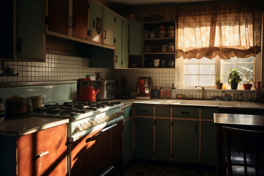 A retro black kitchen is lit with sun beams coming in from the left without people present