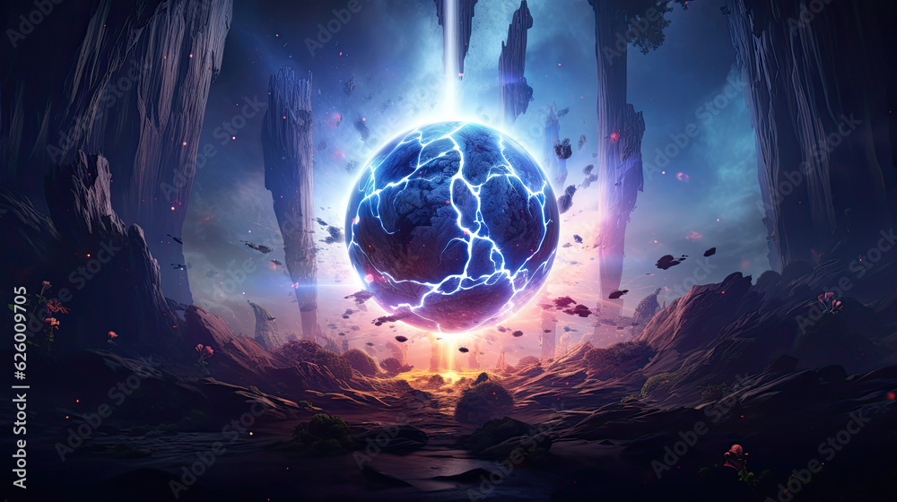 Wall mural surreal planet exploding in the middle of an alien landscape, epic fantasy art