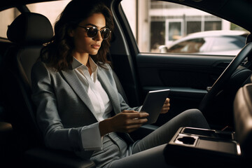A youthful latin business-woman is working concentrated with computer without logo in the backseat of a expensive modern car while drinking coffee