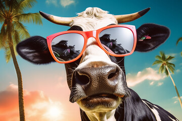 A holiday attractive cow is smiling sunglasses with a colorful  background ; a vacation background or banner