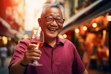 A retired asian senior is travelling happy with a glass of wine in a vibrant city on vacation while retired