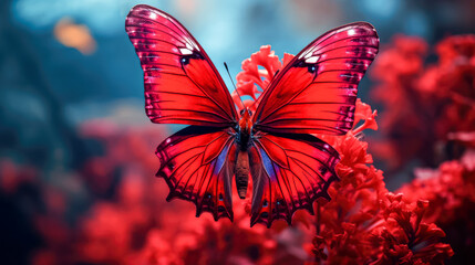 Beautiful red butterfly on a red flower. Close-up. Generative AI