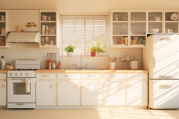 A retro soft white kitchen is lit with sun beams coming in from the left without people present