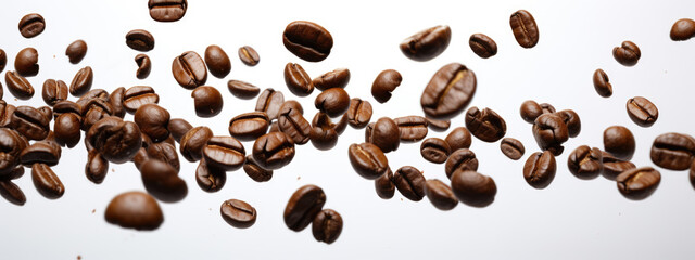Coffee beans levitate on a white background. Created with Generative AI technology.