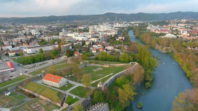 Aerial View of the Kastel Fortress and Vrbas River in Banja luka - 4K
