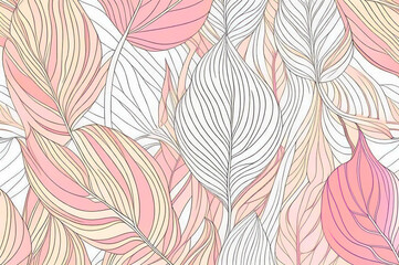 Fototapeta premium Tropical background with palm leaves for decor, covers, backgrounds, wallpapers. Line drawn illustration