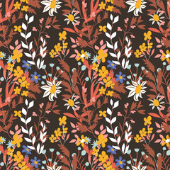 Seamless floral pattern with colorful different wildflowers. Autumn-summer print in a simple hand-drawn style. Ditsy style.Botanical pattern with leaves, flowers herbs in a warm color palette. Vector
