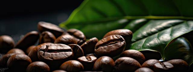 Fototapeta premium Brown roasted coffee with green leaves. Created with Generative AI technology.