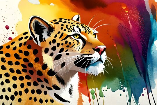 close up of head of cheetah, multi color splash art image, By Generative AI technology