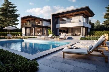 Fototapeta premium Modern and elegant villa with pool. AI generated