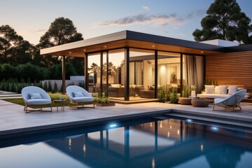 Modern and elegant villa with pool. AI generated - obrazy, fototapety, plakaty