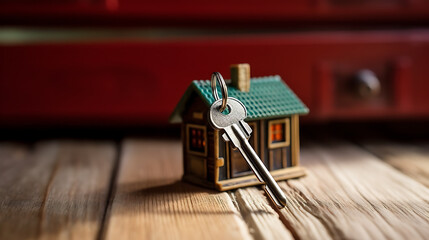 Key with keychain in a house shape against the interior of new home.