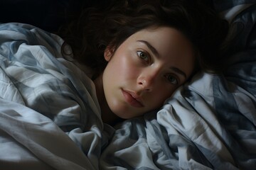 Naklejka premium Young European woman Caucasian girl female awake in home bed laying at night in bedroom suffer with insomnia in dark room nightmare awakening after sleeping sleep disorder problem looking at camera