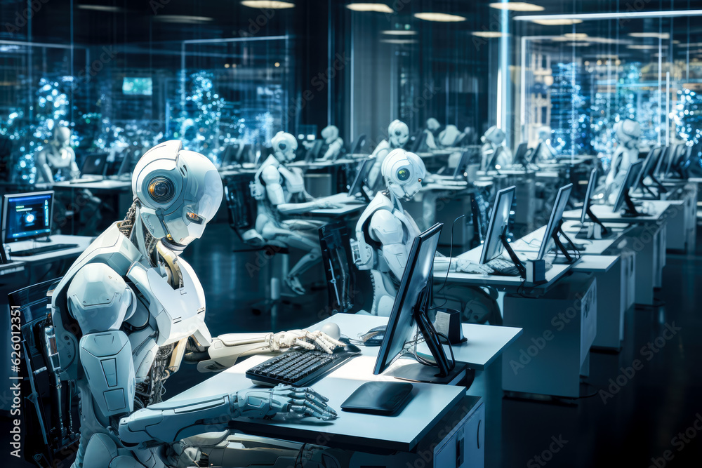 Poster humanoid robot working in modern office with computer on desk. generative ai
