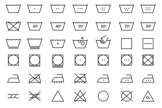 Laundry Vector Icons set. Washing symbols. Care clothes instructions on labels, machine or hand washing signs.
