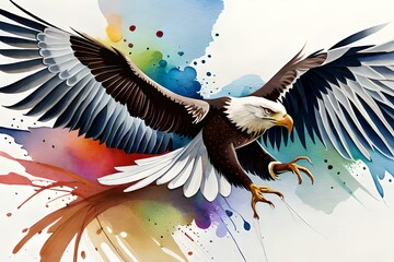 Fototapeta premium Art image of a flying eagle with multi color splash art on white background, By Generative AI technology