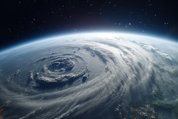 Space view of a gigantic hurricane, swirling above the Earth. Conceptual illustration of the effects of climate change - Generative AI